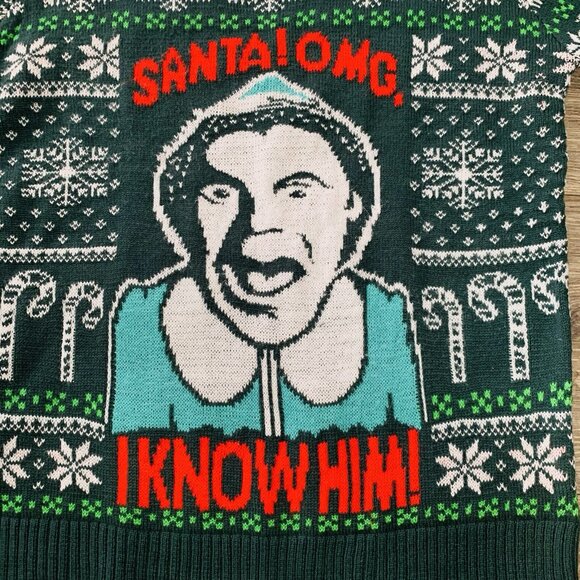 Christmas Ugly Sweater Mens L Knit Elf I Know Him Green & Red Pull-Over - Picture 2 of 15